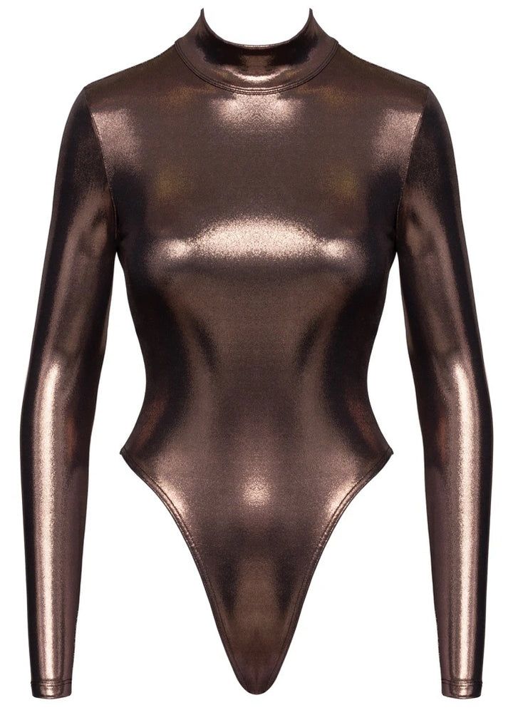 Cottelli Party Body in Bronze-Metallic, Langarm-Riobody mit Stehkragen und verführerischem High-Cut-Schnitt