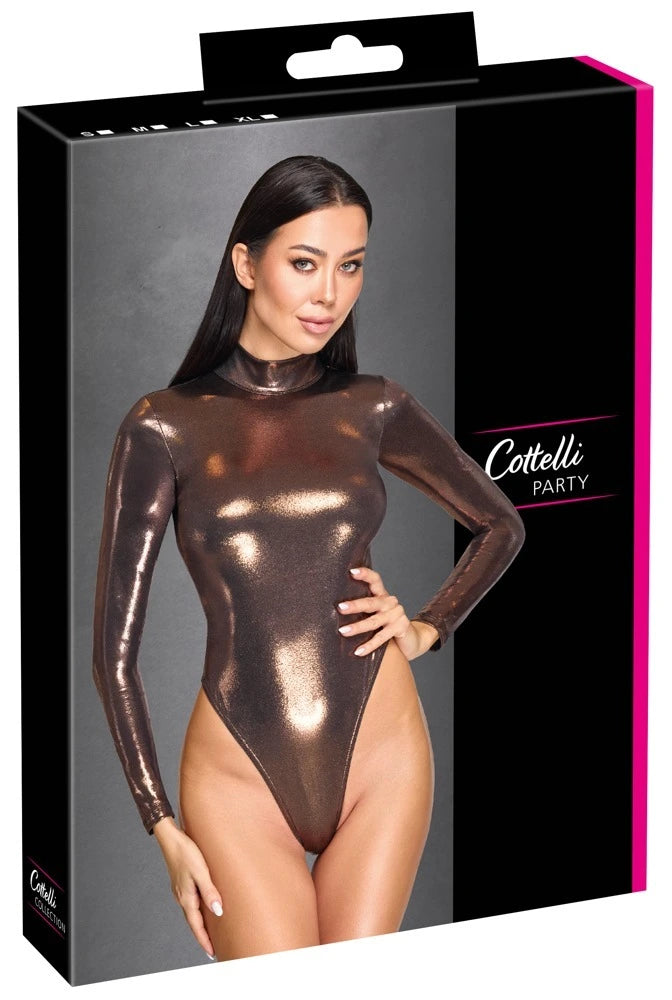 Cottelli Party Glamour-Langarm-Riobody in Bronze-Metallic mit Stehkragen und verführerisch hohem Beinausschnitt
