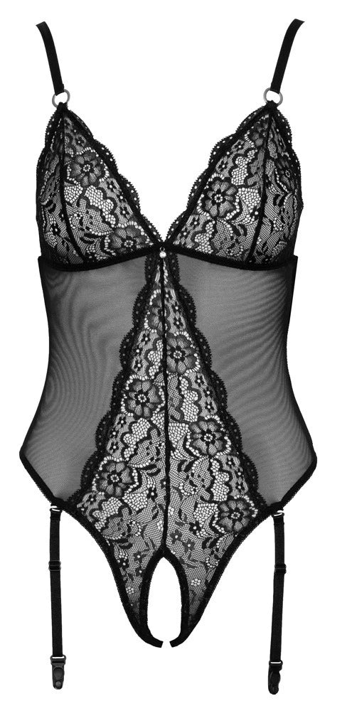 Cottelli Lingerie - Spitzenbody Ouvert mit Strapsen Schwarz