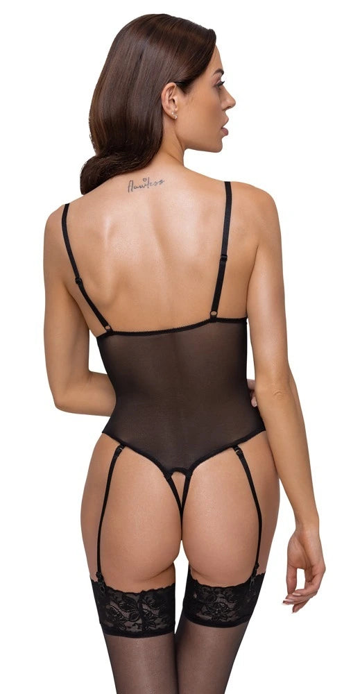 Cottelli Lingerie - Spitzenbody Ouvert mit Strapsen Schwarz