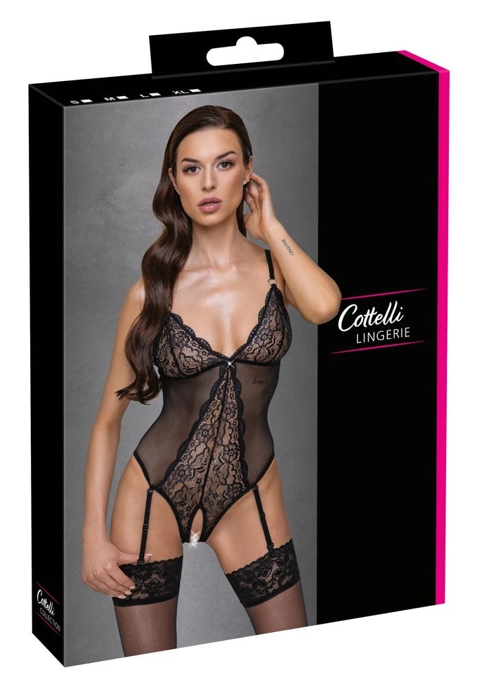Cottelli Lingerie - Spitzenbody Ouvert mit Strapsen Schwarz