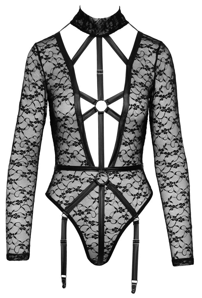 Cottelli Lingerie - Spitzen Langarmbody mit Strapsen Schwarz