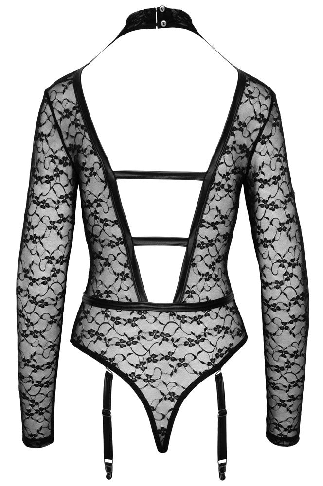Cottelli Lingerie - Spitzen Langarmbody mit Strapsen Schwarz