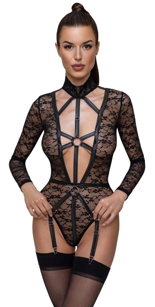 Cottelli Lingerie - Spitzen Langarmbody mit Strapsen Schwarz