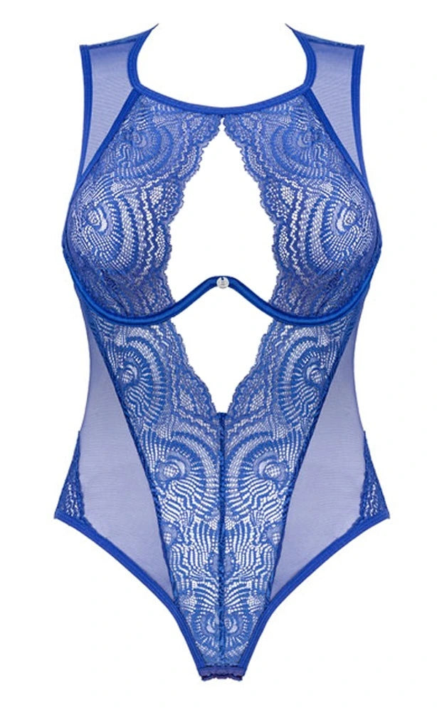 Obsessive Giselia Body Blau – eleganter Bügel-Body aus Spitze und Mesh mit tiefem Ausschnitt und schmalem Schnitt