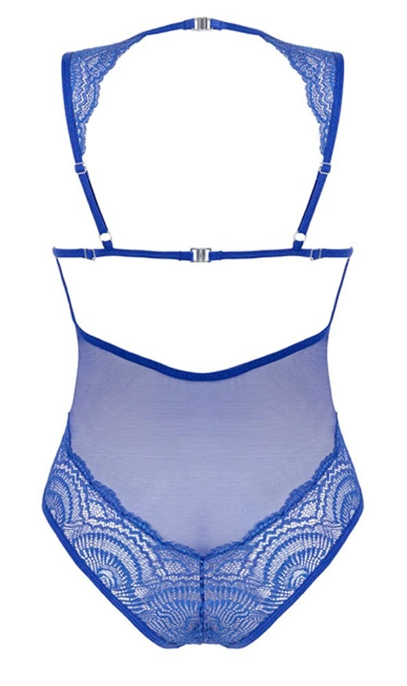 Obsessive Giselia Body Blau – eleganter Bügel-Body mit Spitze, transparentem Mesh und verführerisch freiem Rücken