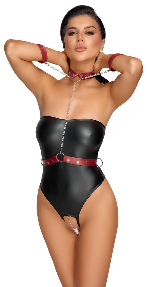 Cottelli Bondage Ouvert String Body Schwarz/Rot – Schulterfreier Body