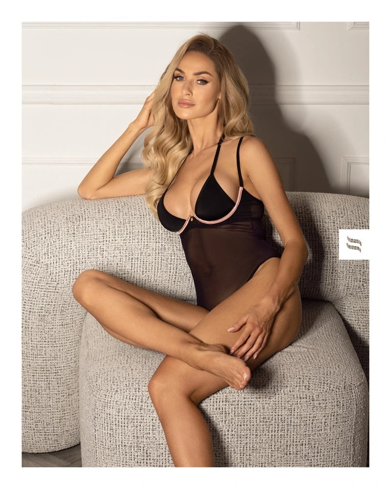 Obsessive Selinne Body Schwarz – Eleganter Netz-Body mit Bügel-Cups und freiem Rücken