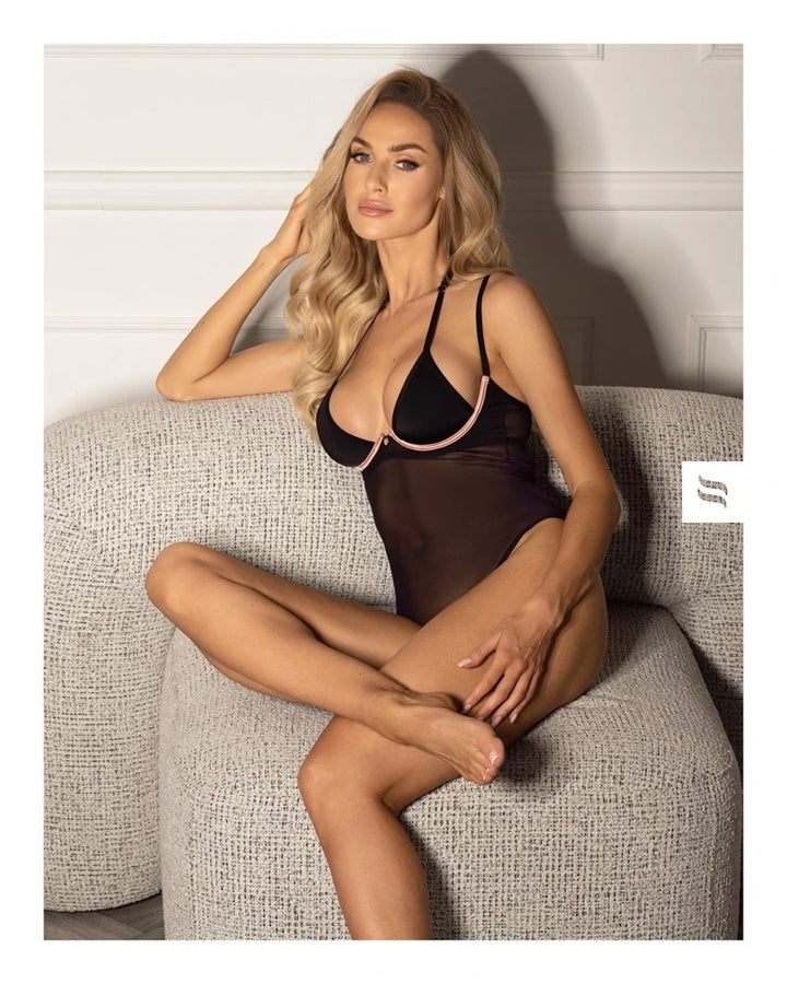 Obsessive Selinne Body Schwarz – Eleganter Netz-Body mit Bügel-Cups und freiem Rücken