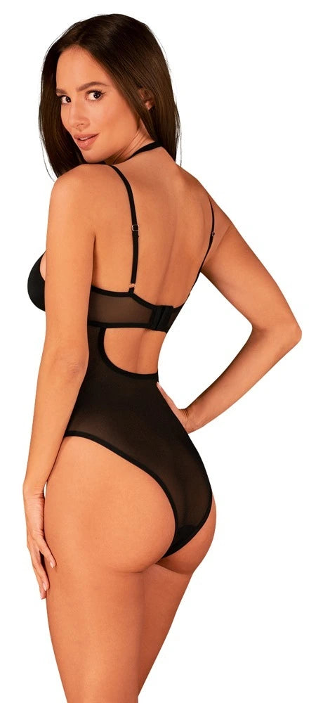 Obsessive Selinne Body Schwarz – Eleganter Netz-Body mit Bügel-Cups und freiem Rücken