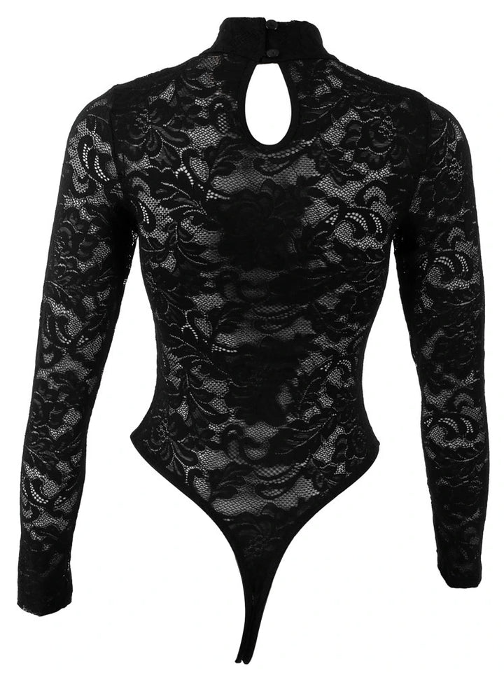 Cottelli Lingerie Riobody mit langem Arm & Stehkragen, komplett aus feiner Ornament-Spitze – freigestellte Rückansicht