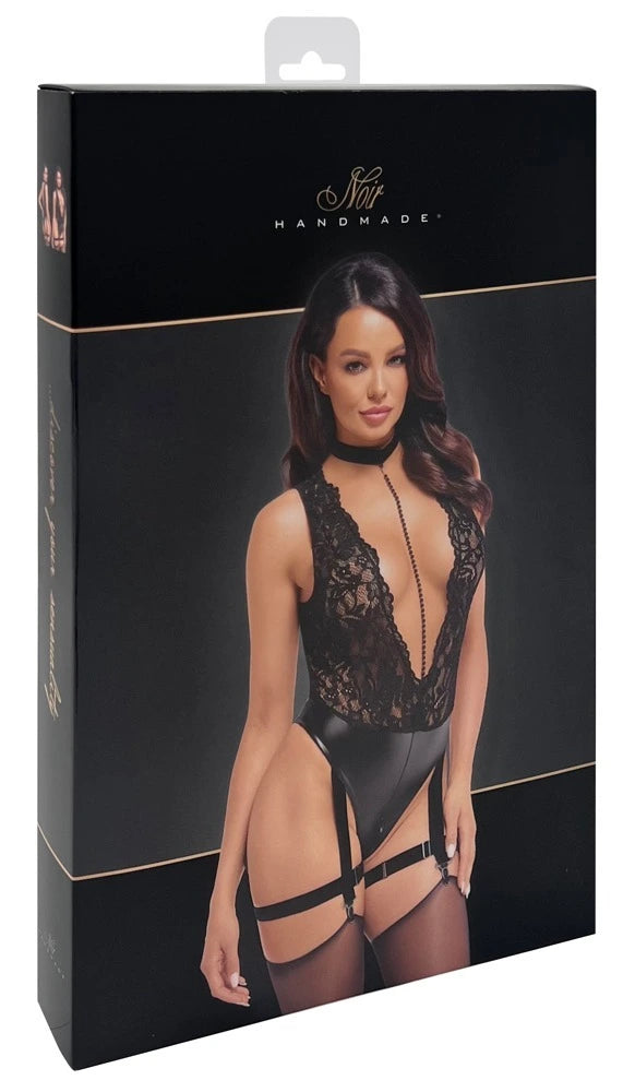 Noir Handmade - Libido Deep-V-Body mit Kragen, Perlenkette und Strumpfband F297