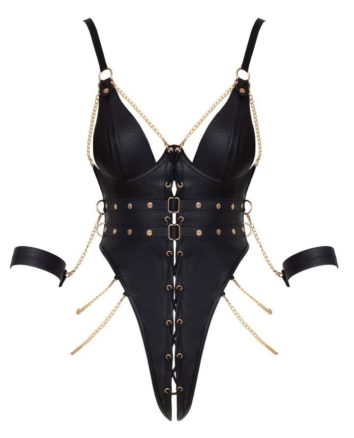 Cottelli Bondage String-Body schwarz mit Goldketten, Nieten, Fesseln und Ouvert-Schnitt aus Kunstleder