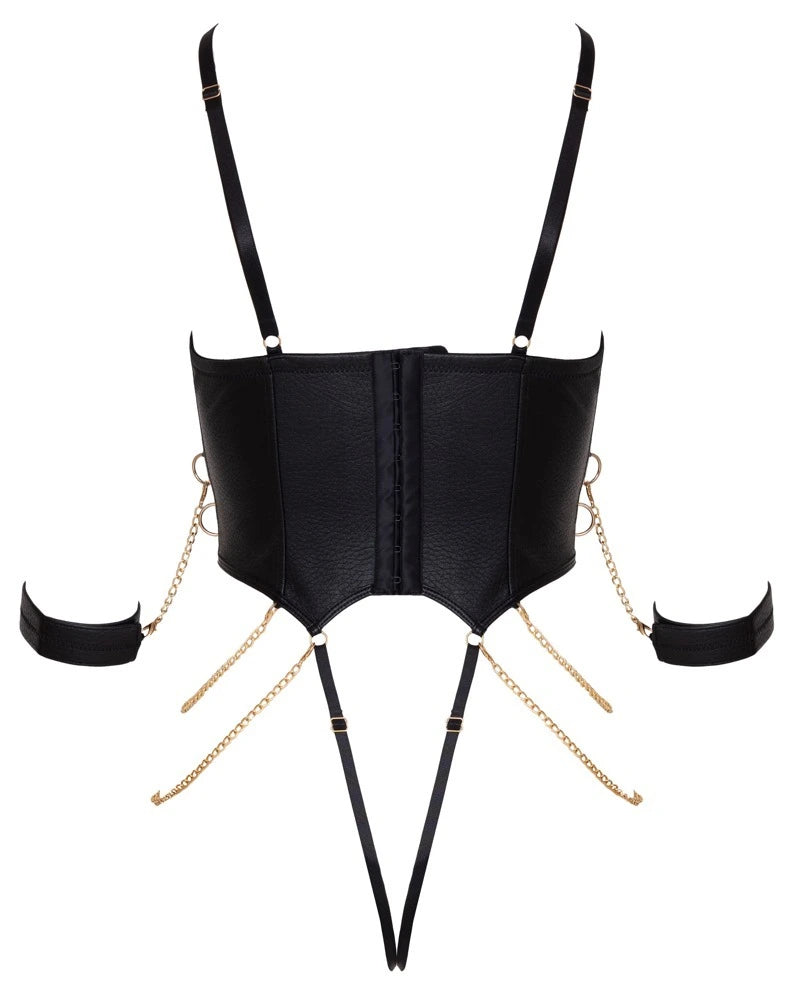 Cottelli Bondage String-Body in Schwarz mit Goldketten, Fesseln und Korsett-Element aus Kunstleder