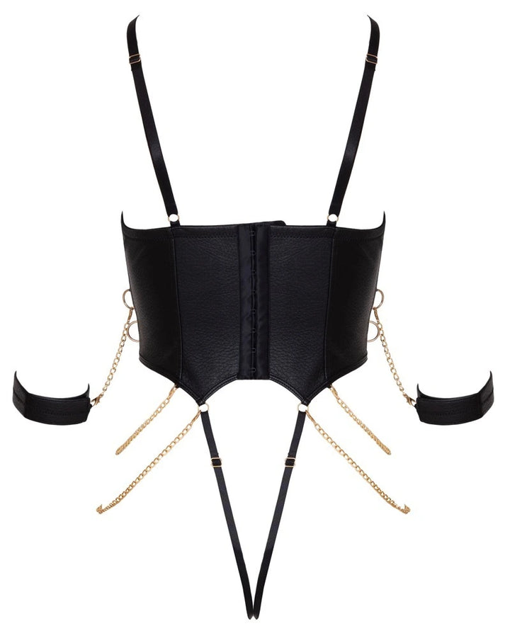 Cottelli Bondage String-Body in Schwarz mit Goldketten, Fesseln und Korsett-Element aus Kunstleder