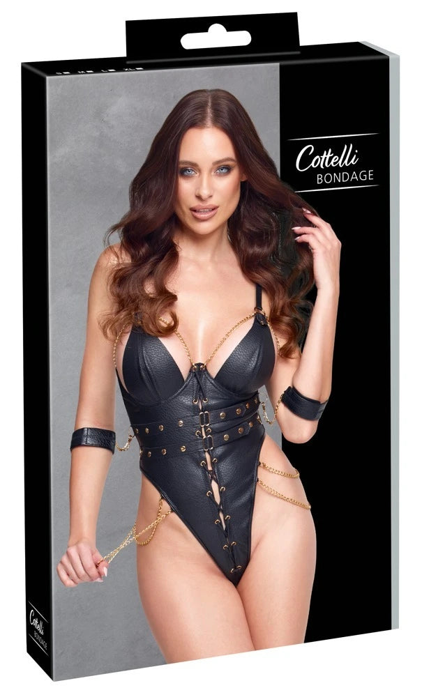Cottelli Bondage String-Body schwarz mit Goldketten und Fesseln aus Kunstleder – verführerisches Ouvert-Design