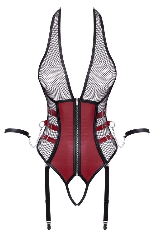 Cottelli Bondage Strapsbody in Rot-Schwarz mit Netz-Oberteil, Korsett, Zierriemen, Ketten und Soft-Armfesseln