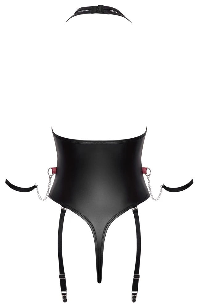 Cottelli Bondage Strapsbody Ouvert in Schwarz-Rot mit Soft-Armfesseln, Ketten und Strapshaltern aus mattem Kunstleder