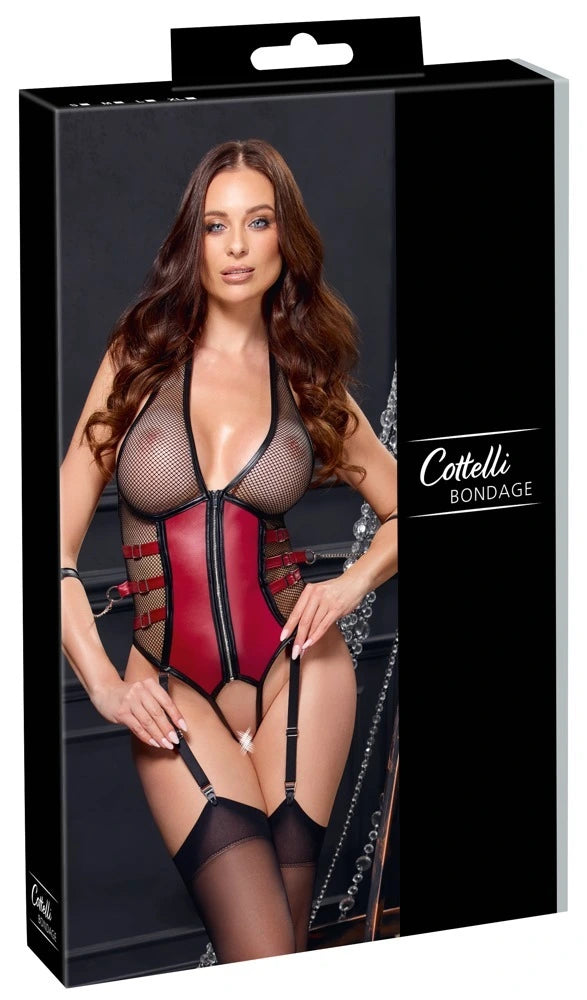 Cottelli Bondage Strapsbody in Rot-Schwarz mit Netzstoff, Kunstleder-Korsage, Reißverschluss und eleganten Strapshaltern