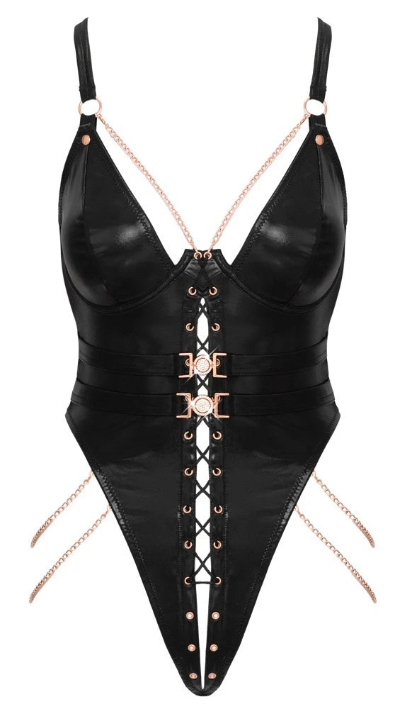Abierta Fina Geschnürter Ouvert-Body Wetlook Schwarz