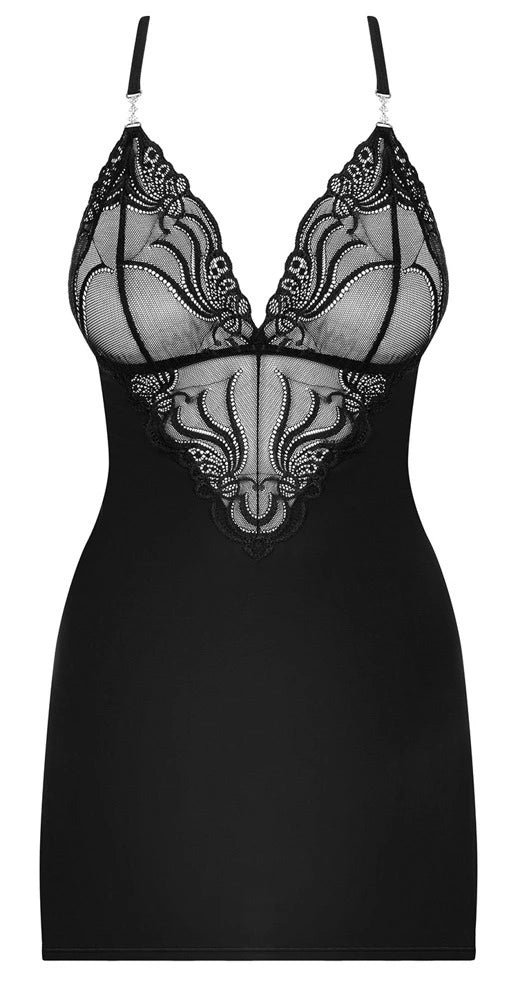 Obsessive Muschel Dessouskleid Schwarz – körperbetontes Minikleid mit transparenter Spitze, Strassdetails und tiefem V-Aussch