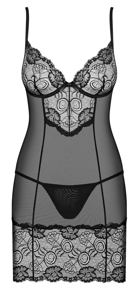 Obsessive Alluria Negligé Schwarz – transparentes Mesh-Kleid mit floraler Spitze, Bügel-Cups und passendem String
