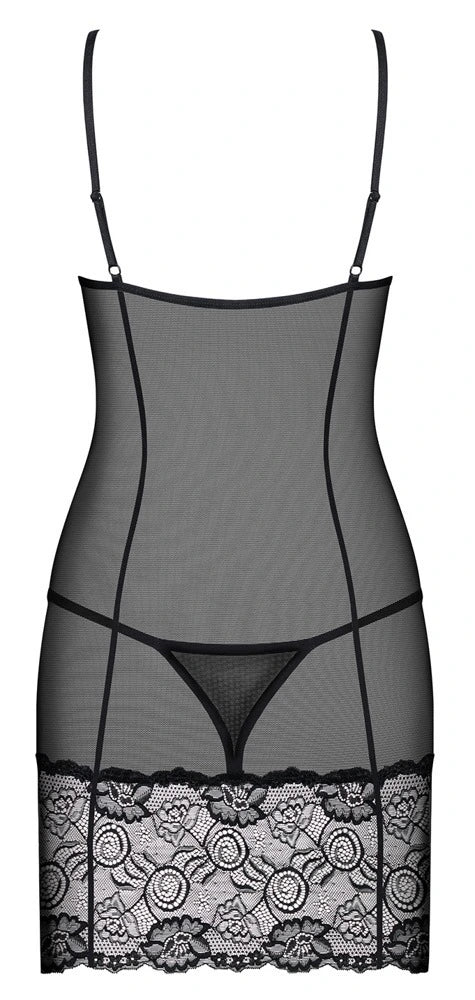 Obsessive Alluria Negligé Schwarz – transparentes Mesh-Kleid mit floraler Spitzenborte und verstellbaren Trägern, Rückenansic