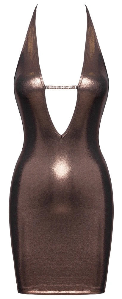 Cottelli Minikleid Neckholder in irisierendem Kupfer-Roségold, tief ausgeschnittener V-Ausschnitt, Strass-Detail, figurbetont