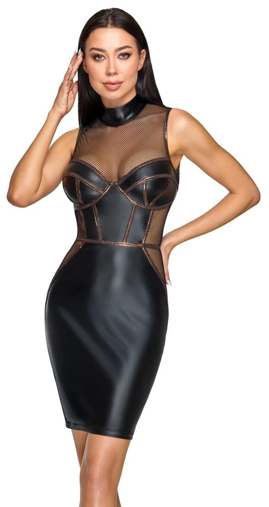 Cottelli Party Midikleid Mattlook & Netz Schwarz mit Corsagen-Optik