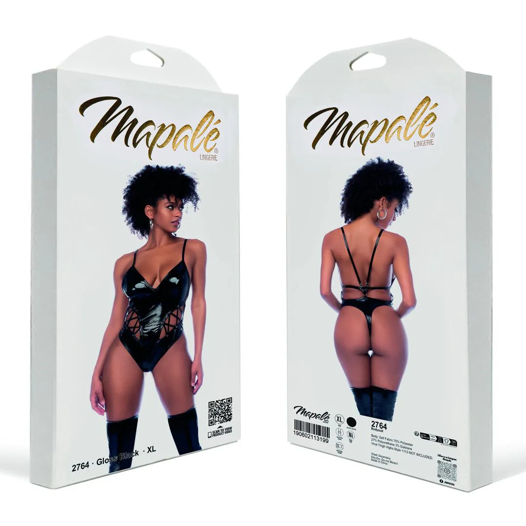 Mapalé - Lace-up Bodysuit with Low-Cut Front - Gloss Black