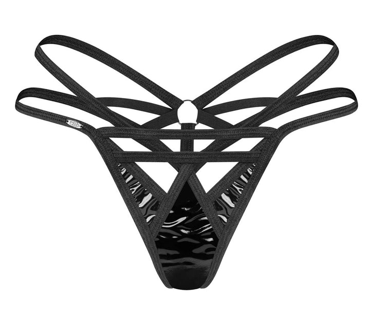 Obsessive String Keira Lise – schwarzes Micro-Thong mit Strappy-Details, O-Ring und glänzendem Lack-Einsatz