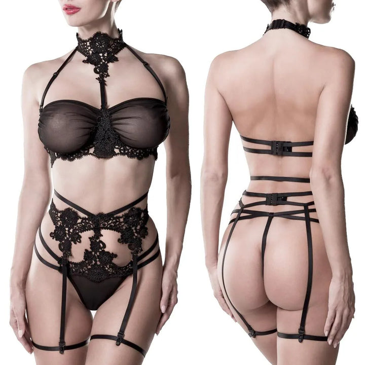 Grey Velvet - Dessous Straps Set aus Netz und Häkelspitze