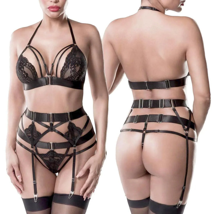 Grey Velvet - 3-teiliges Lingerie-Set Sinnliche Spitze und elastisches Banddesign