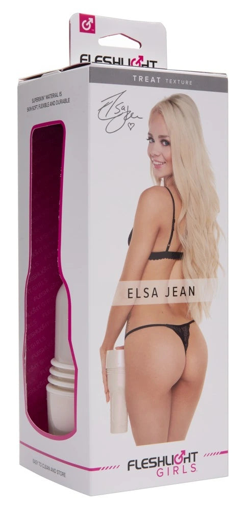 Fleshlight Girls Elsa Jean Treat Masturbator in elegantem Weiß-Pink, hochwertiges SuperSkin-Material, diskrete Verpackung