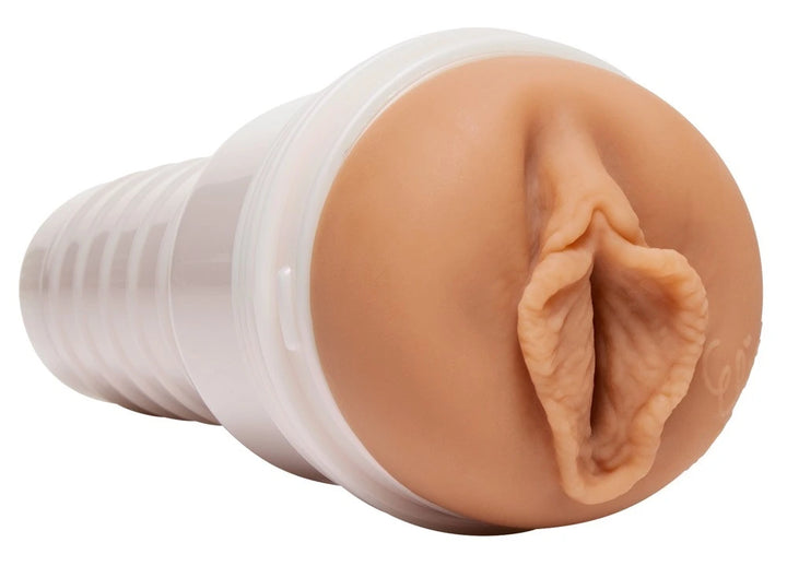 Fleshlight Eliza Ibarra Ethereal Masturbator in hautfarbenem SuperSkin-Material mit realistischer Vagina-Öffnung im transpare