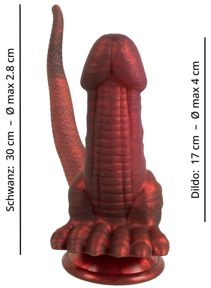 Beasty Cocks Panthera Doppeldildo in Dunkelrot, Fantasy-Design mit Drachenschwanz, Saugfuß, 17 cm, Silikon