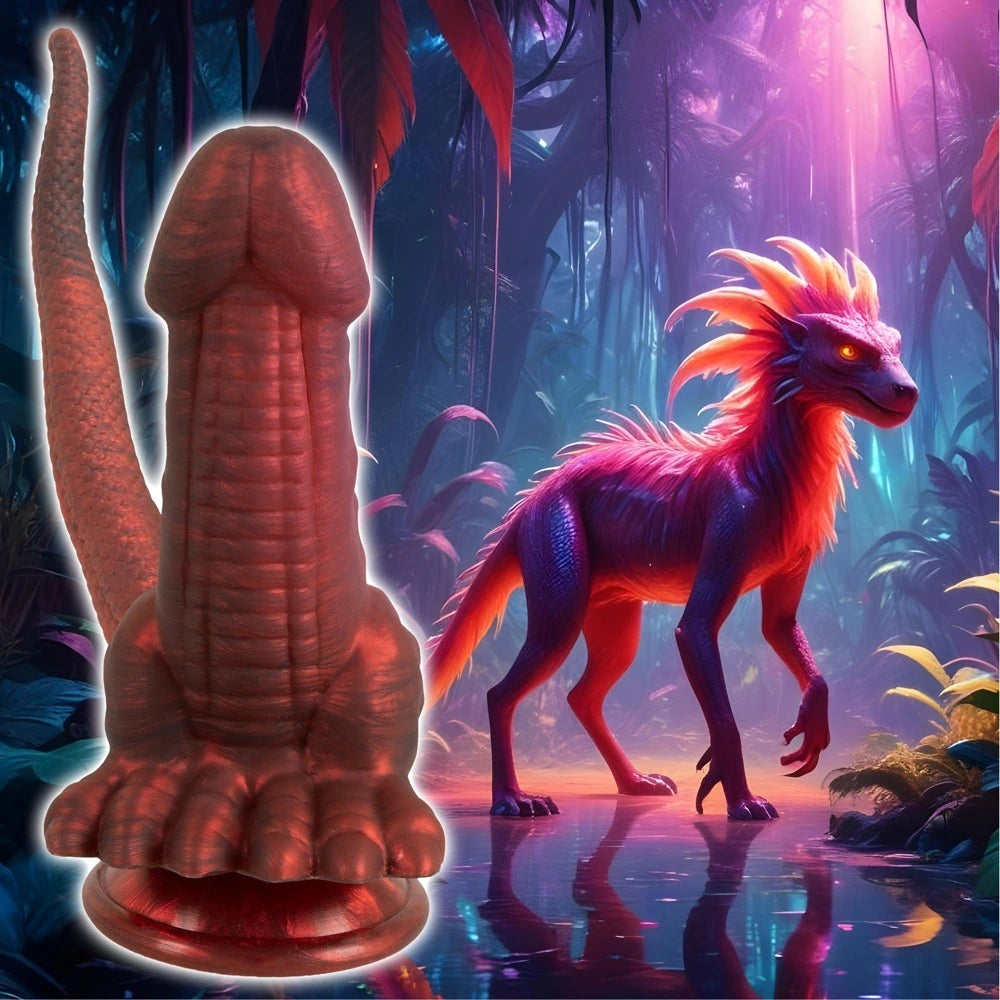 Beasty Cocks Panthera Doppeldildo Fantasy, rotbraunes Silikon, Schuppentextur, Saugfuß, mystisches Creature-Design
