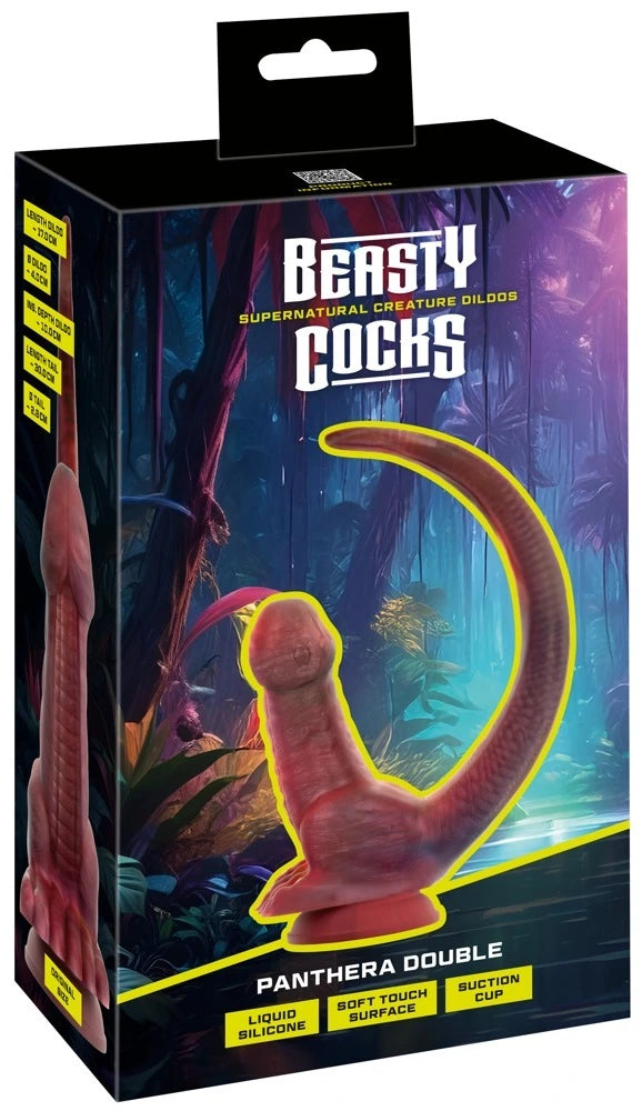 Beasty Cocks Panthera Double Doppeldildo Fantasy aus Liquid Silikon in Rot mit Saugfuß und geschwungenem Schwanz