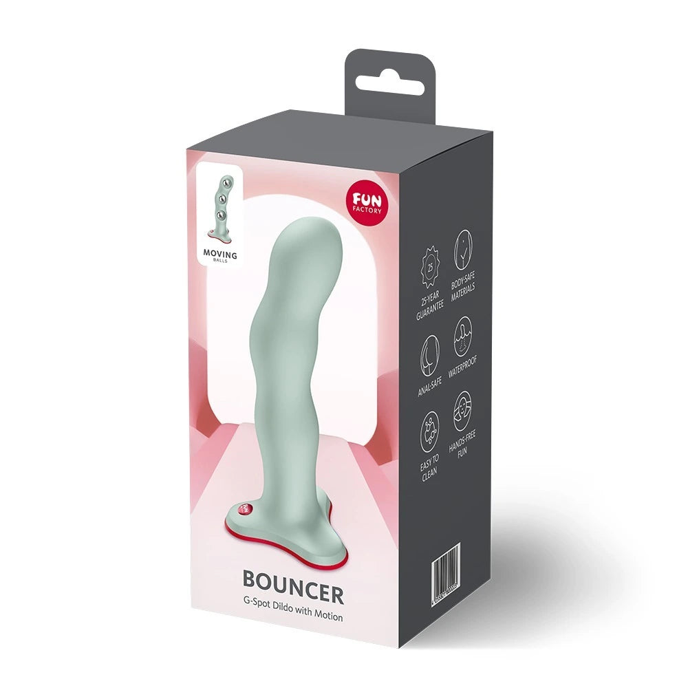 Fun Factory Bouncer G-Spot Dildo in zartem Mintgrün mit geschwungener Form und roter Standfläche – körpersicheres Silikon