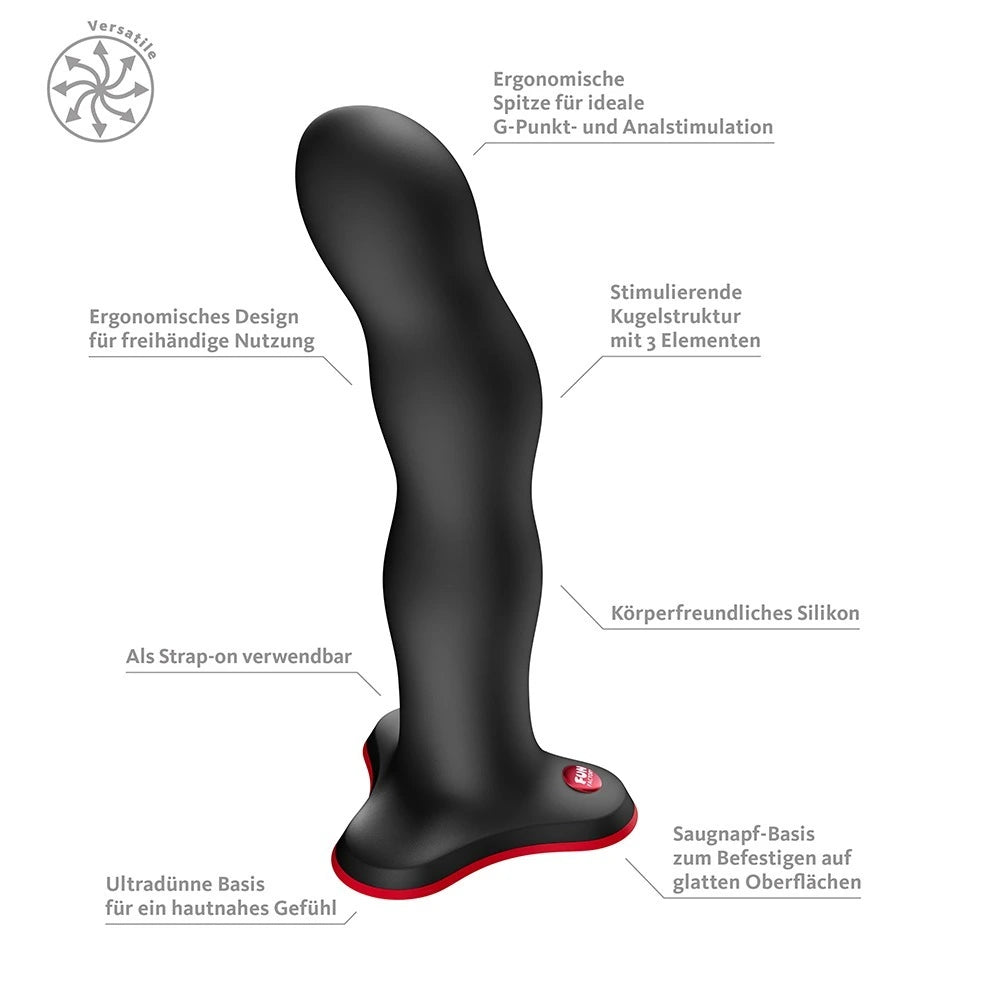 Fun Factory Bouncer Dildo in mattem Schwarz, ergonomisches Silikon-Design mit Saugnapfbasis und 3 Kugelelementen