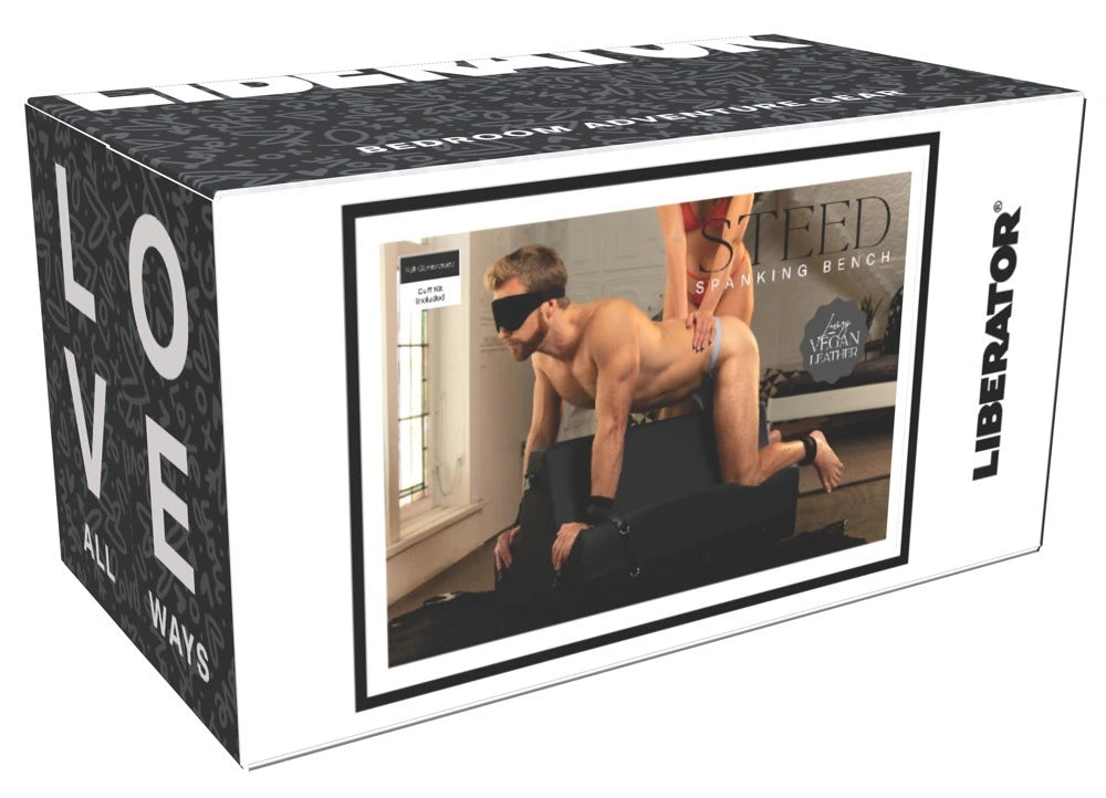 Liberator Steed Spanking Bench – schwarze BDSM-Knibank aus veganem Luxusleder mit Manschetten-Set