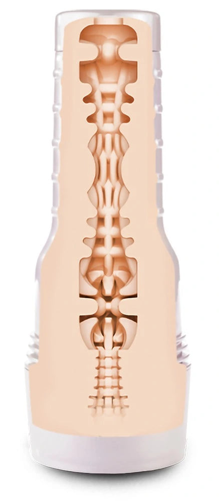 Fleshlight Riley Reid Insomnia Masturbator in Hautton, transparentes Gehäuse mit strukturiertem Soft-Touch-Kanal