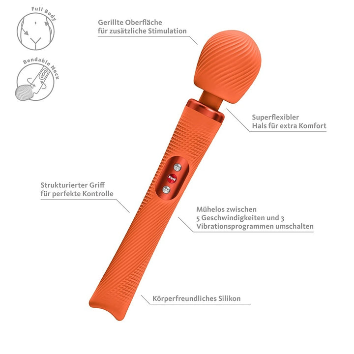 Fun Factory VIM Premium-Massagestab in leuchtendem Orange, körperfreundliches Silikon, flexibler Hals, 5 Stufen