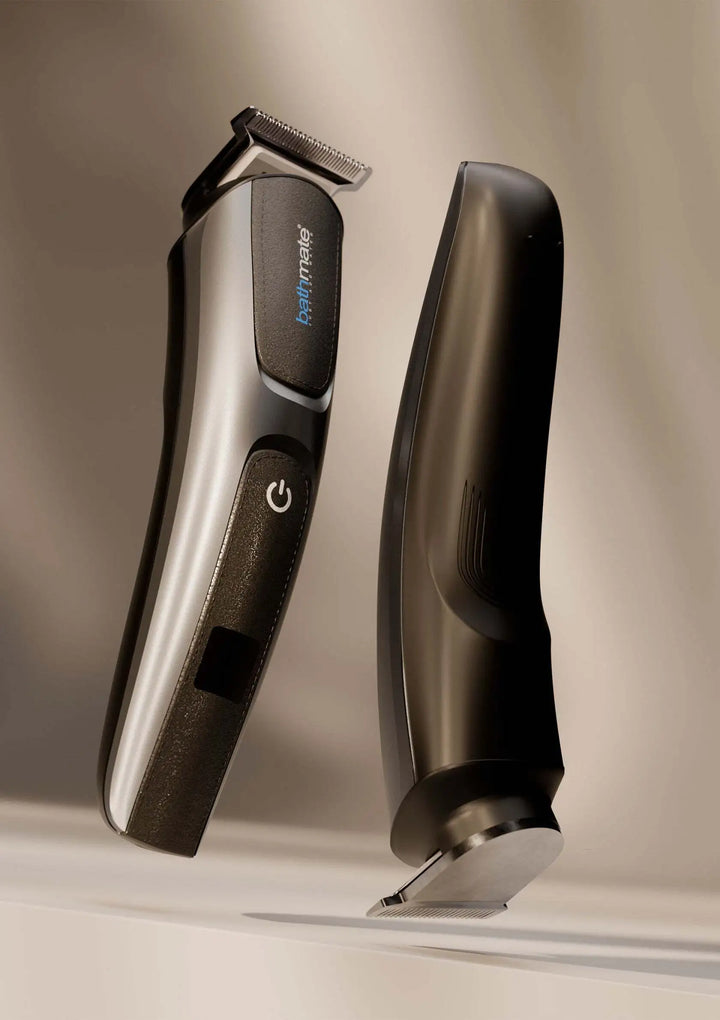 Bathmate Trim 2.0 Präzisions-Trimmer in Silber-Schwarz, modernes Design mit Edelstahlklinge, zwei Ansichten