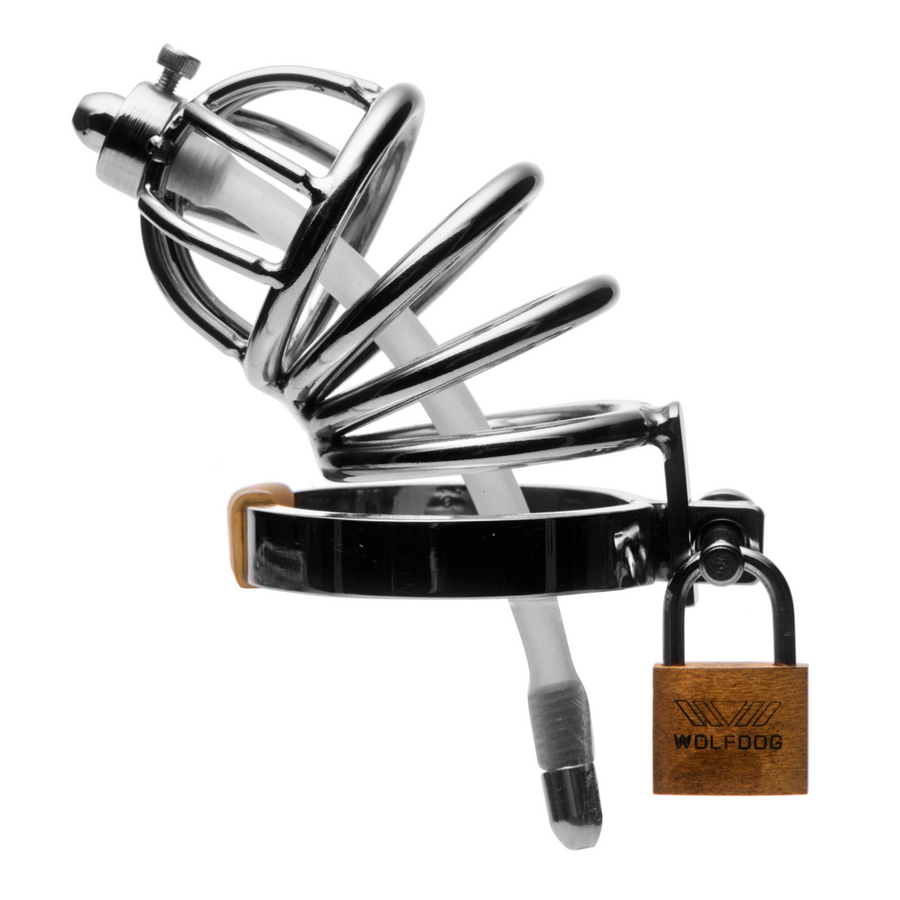 Master Series - Peniskäfig mit Harnröhrenplug Edelstahl - Chastity Cage mit abnehmbarem Urethralplug für Keuschheit