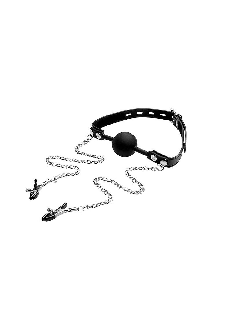 Strict - Silikon Ball Gag mit Nippelklemmen