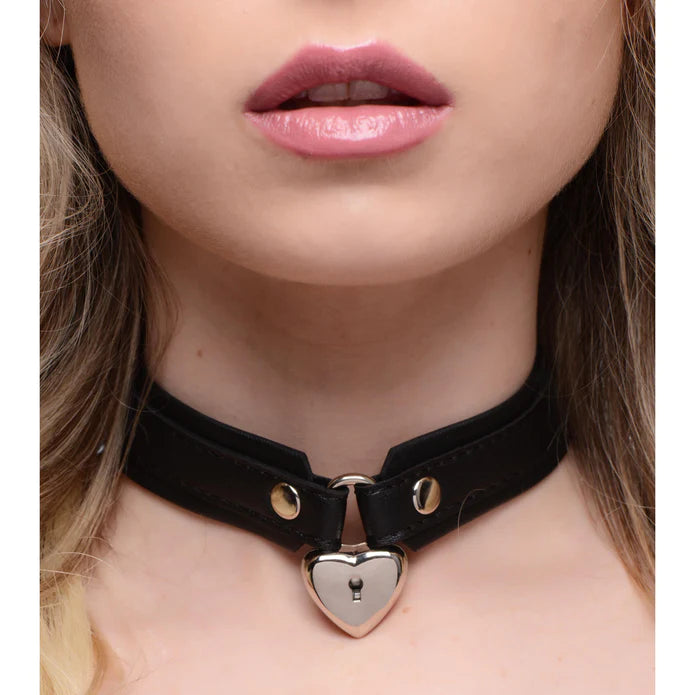 Strict - Locking Heart Halsband mit Schloß schwarz/silber