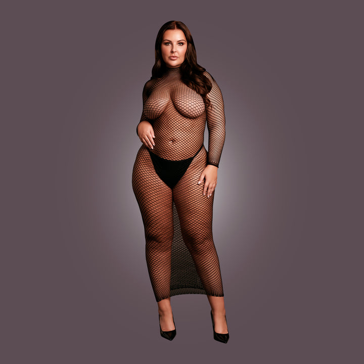 Langes Kleid mit Netzstruktur und Turtleneck von Le Désir schwarz Queensize