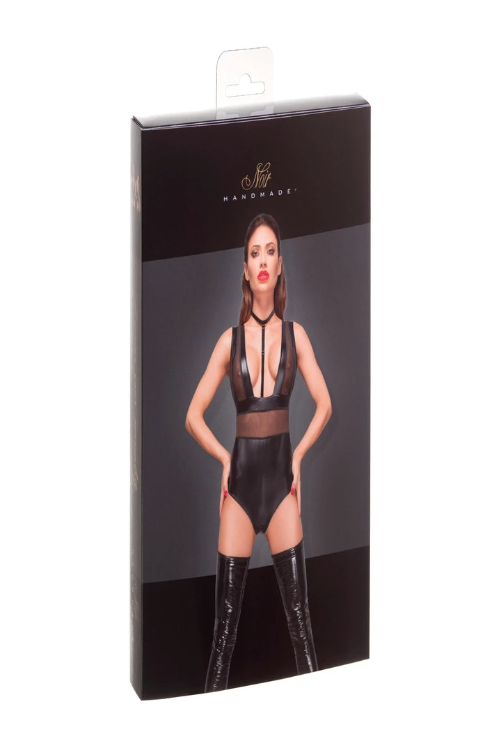Noir Handmade - Powerwetlook Body mit Tüll-Einsätzen und Halsband F183