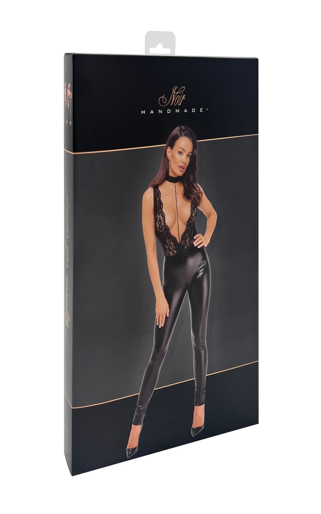 Noir Handmade - Libido Deep-V Catsuit mit Halsband und Perlenkette F298